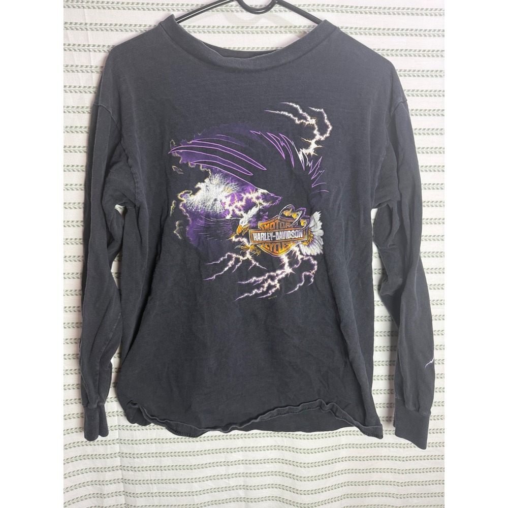 Harley-Davidson 90s Mens Long Sleeve T-Shirt Black Eagle Lightning Graphic Large